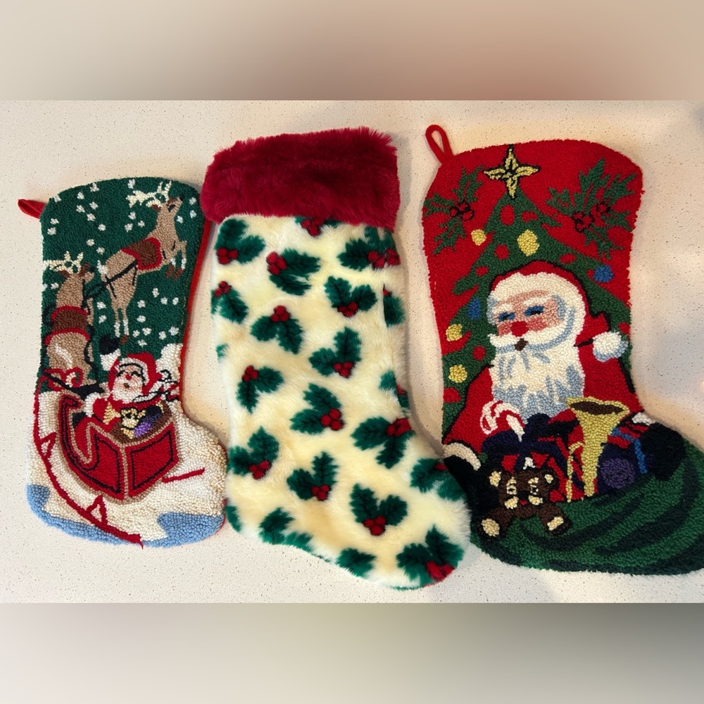 RARE Vintage Christmas Stocking Needle Punch Santa Toys Reindeer Faux Fur Holly